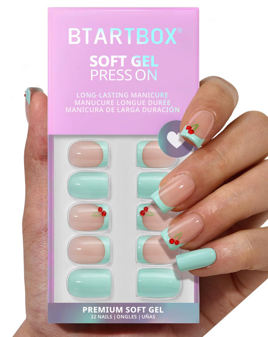 BTArtbox French Tip Press On Nails - Berry Pail, Easy-to-Apply Mint Green Short Square Press On Nails with Glue and Adhesive Tabs in 16 Sizes - 32 Nails All-in-One Kit