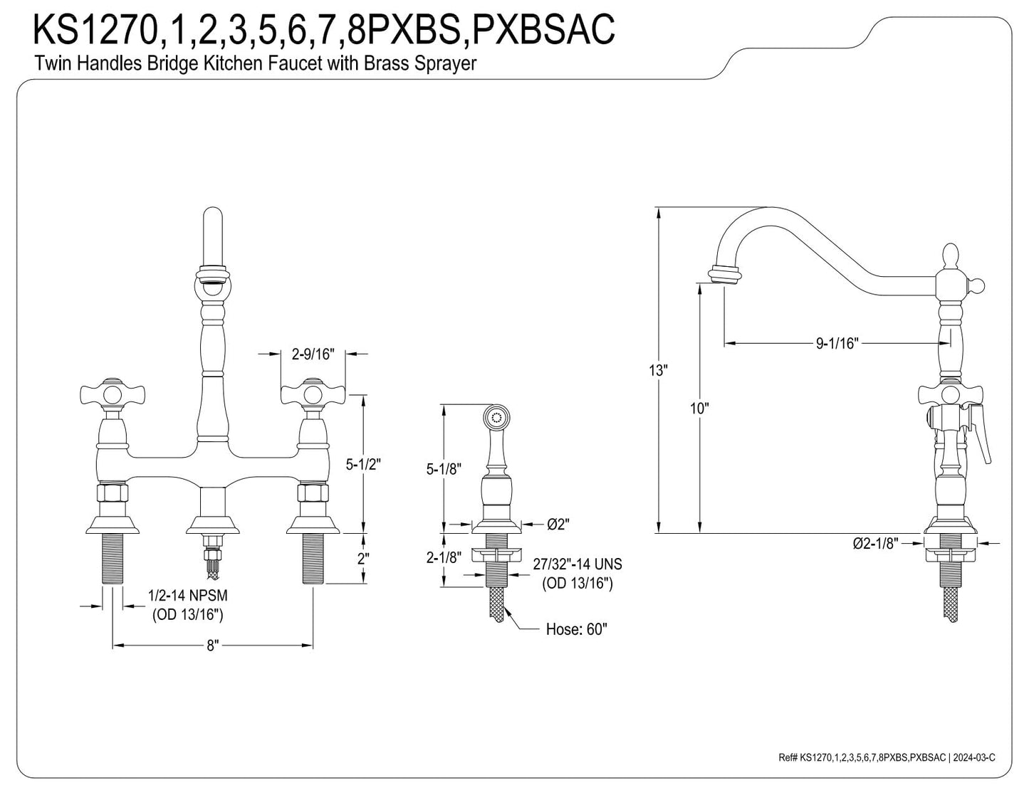 Kingston Brass KS1270PXBS Heritage Bridge Kitchen Faucet with Brass Sprayer, Matte Black