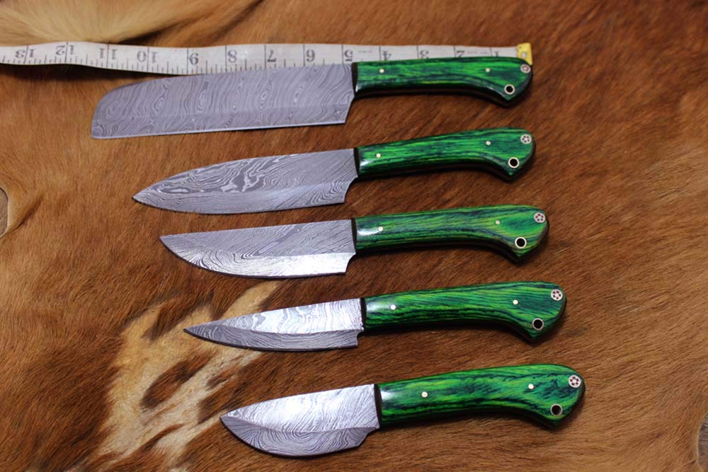 5 pieces Custom made hand forged Damascus steel blade kitchen knife set, Green colored wood scale, Overall 45 inches Length of Damascus sharp knives (10.6+9.6+9.0+8.0+7.6)Inches, Leather suede sheath