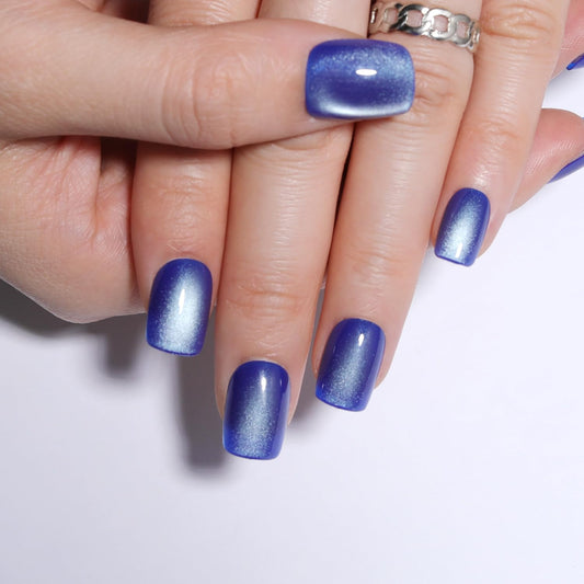 Blue Press on Nails Short Square Ice Blue Cat Eye Press on Nails Fashion Gel Fake Nails Reusable Acrylic Fake Nails Glossy Stick on Nails for Women Girls Gift Glue on Nails Kit