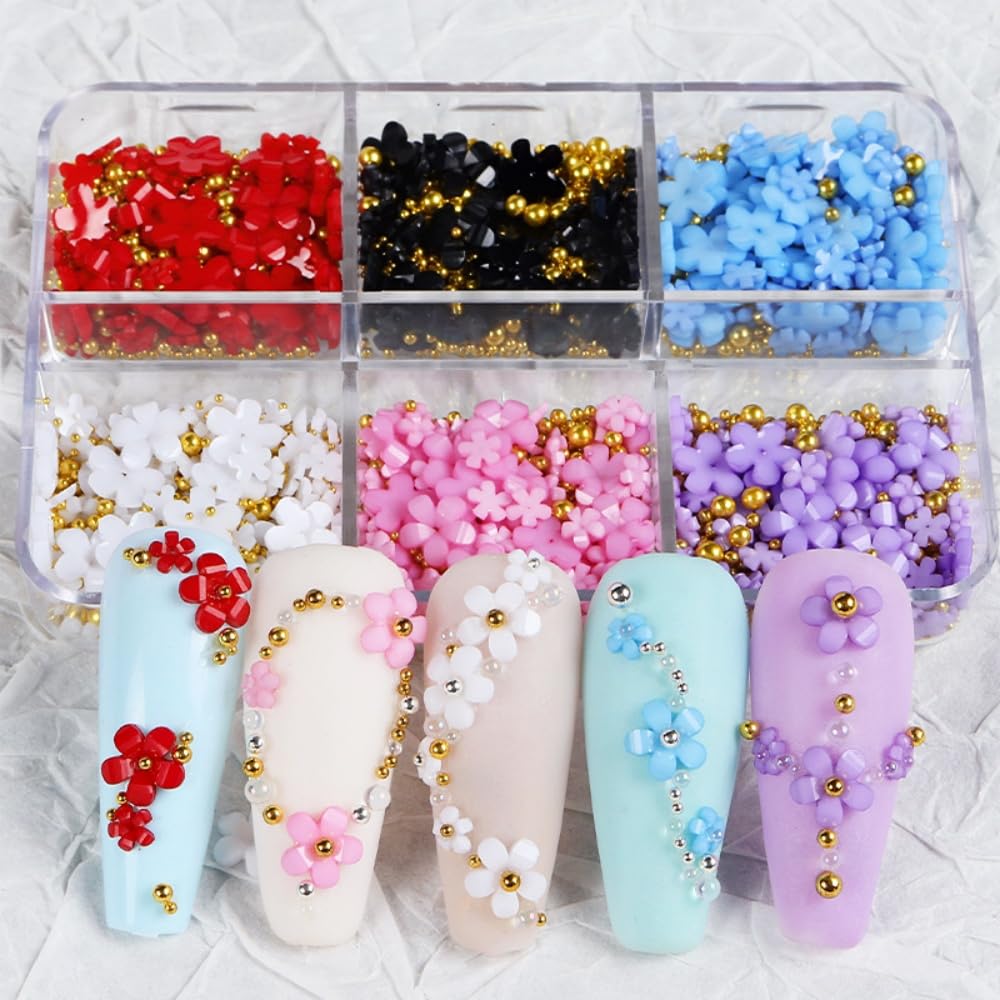 1 Box 6 Color Holographic Flower Nail Glitter Colorful Petal Nail Sequins 3D Red Purple Nail Flakes Sparkly Powder Flakes Shiny Nail Glitter Gold Beads Nail Sequins Glitter for Nails Art 6 Grids