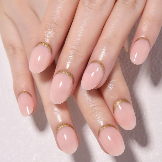 evpct Nude Pink French Press on Nails Short Oval, Short Gold Foil Stick on Nails for Women Gift,Nude Pink Glossy Fake Nail Reusable Soft Gel Press on Acrylic Fake Nail kit with Gold Line Design