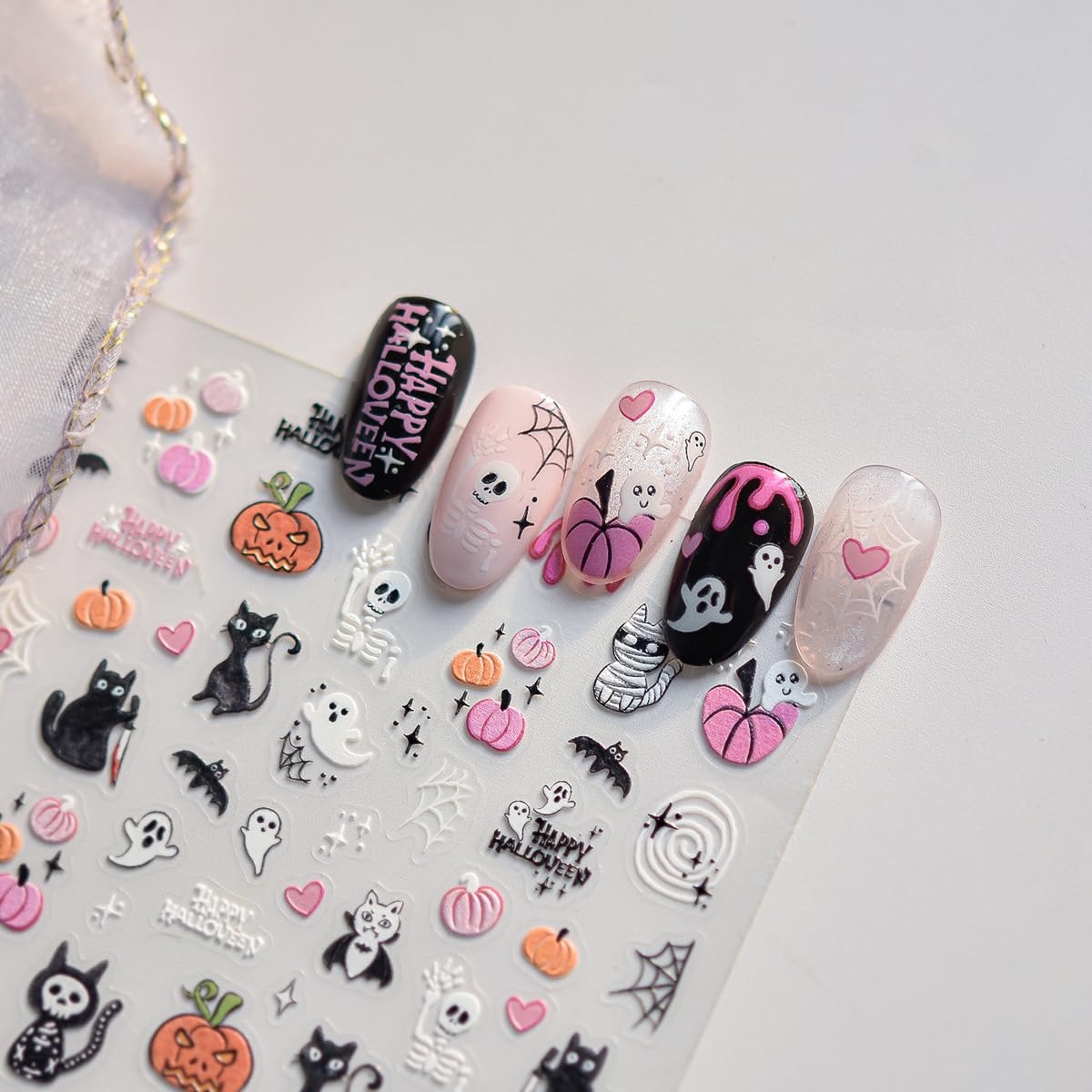 Halloween Nail Art Stickers Pumpkin Nail Stickers 5D Embossed Ghost Nail Decals Bat Spider Web Cat Skull Mummy Designs Self Adhesive Nail Art Supplies for Women Girls DIY Nail Art Decorations 1 Sheet