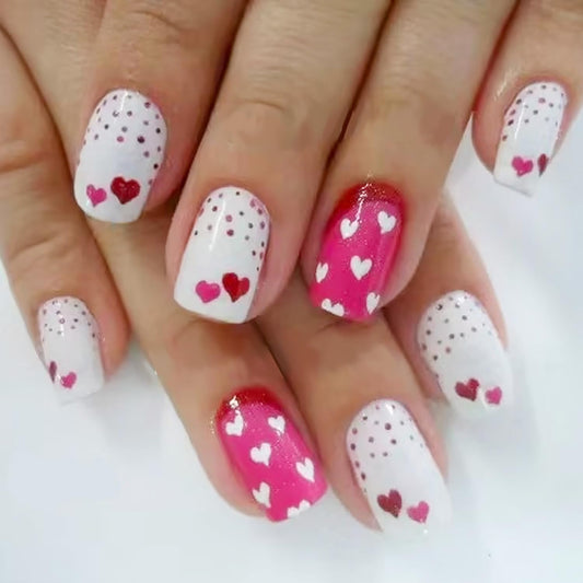 FIEONCIY Press on Nails Short Square Glossy Full Cover Acrylic Short Square False Nails with Heart Designs Artificial Square Fake Nails Glue ons Fingernails for Women Girls(YS525)