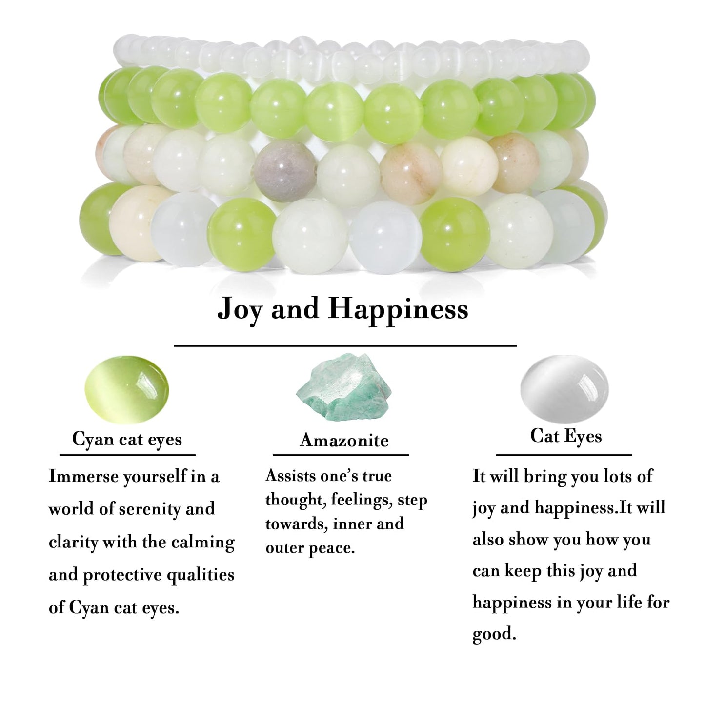 Vinswet 4pcs Natural Stone Beaded Bracelets for Women Men,Healing Crystal Gemstones Stretch Bracelet,4mm 6mm 8mm 10mm Cat Eyes Amazonite Amazonite Anxiety Stress Relief Bracelet Jewelry Gifts