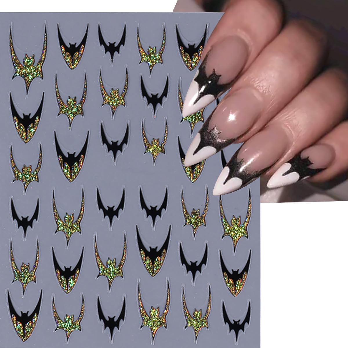 6 Sheets Halloween Bat Nail Stickers for Nail Art 3D Self Adhesive Gothic Bat Nail Decals with Exquisite Gold Silver Glitter French Nail Designs Stickers Holiday Decoration Nails Supply for Women DIY