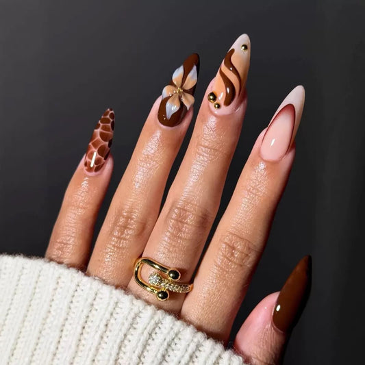 Almond Press on Nails Medium - Brown Fake Nails with Flower Design - Winter, Ombre Fasle Nails Press ons - for Women 24 Pcs