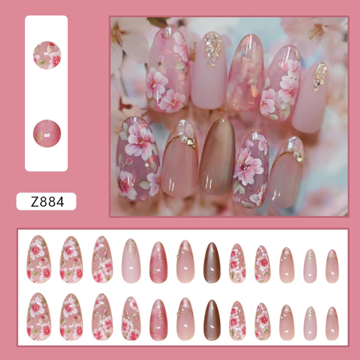 24Pcs Pink Peach Blossom Press on Nails Almond Medium Fake Nails with Flower Designs Glitter 3D Pearl Rhinestones Glue on Nails Pink Floral Acrylic Nails for Women Spring Summer Nail Art Decoration