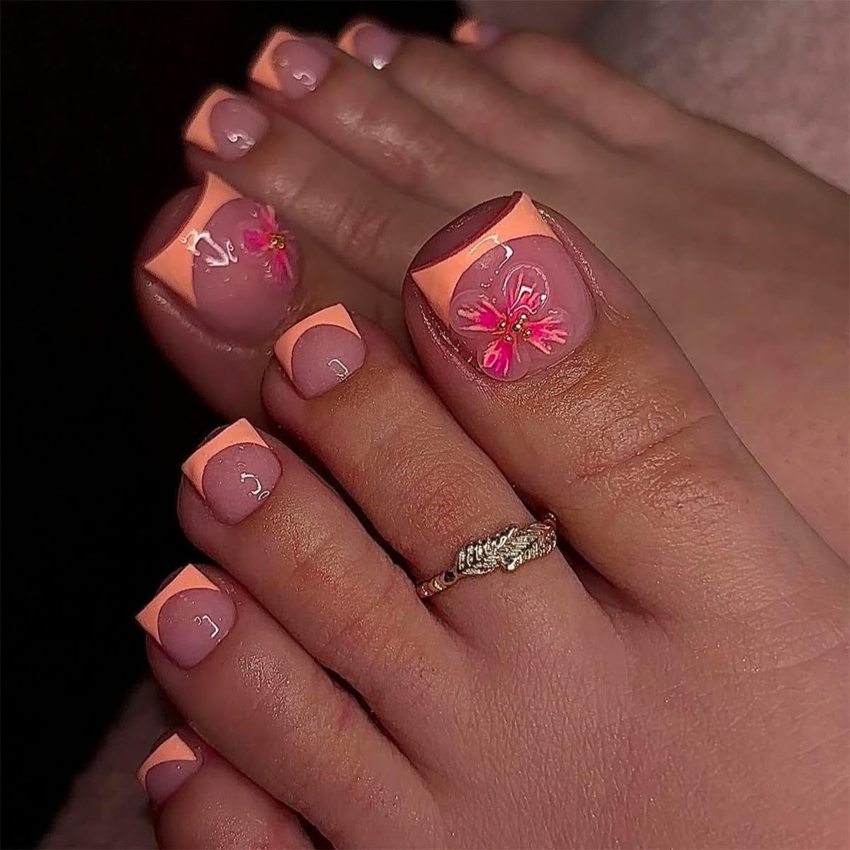 PEPFTG French Tip Press on Toenails Short Square Fake Toenails with Flower Design Stick on Nails Pink Toe Nail Press Ons Glossy Summer Acrylic Glue on Toenail for Women Manicure 24Pcs
