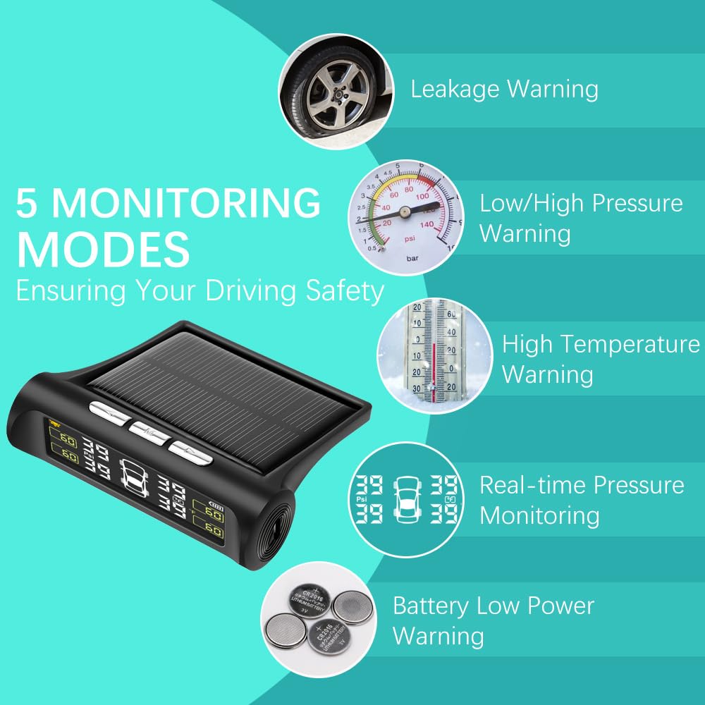 Tire Pressure Monitoring System - TPMS Tire Pressure Monitor System with Solar Charger, TPMS with 4 External sensors & 5 Alarm Modes, LCD Real-time Display, Auto Sleep Mode, Easy to Install