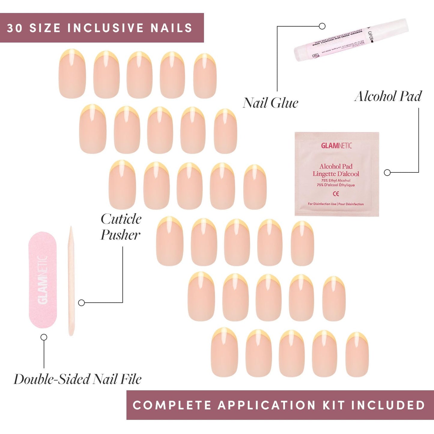 Glamnetic Press On Nails - French Butter | Short Round Fake Nails with Yellow French Tips and Glossy Finish, Salon Quality | 15 Sizes - 30 Nail Kit with Glue