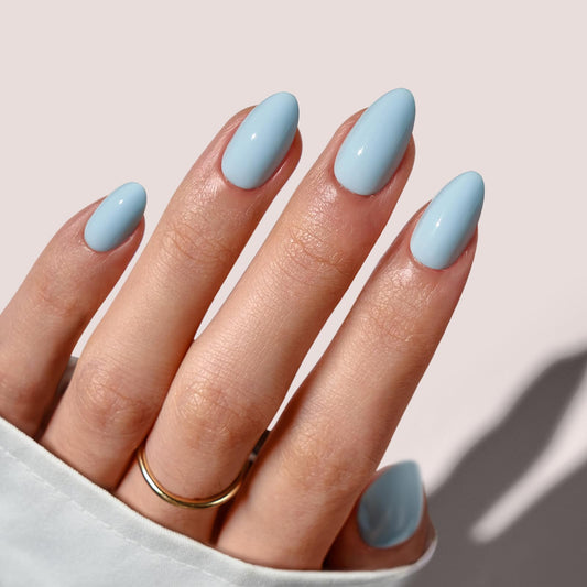 BTArtbox Press On Nails Short - Pastel Light Blue Almond Press On Nails with Glue for Women, Opaque Soft Gel Glue On Nails in 16 Sizes - 32 Stick On Nails Kit, Sky Dash