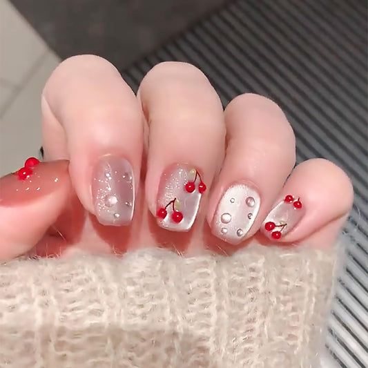 Press On Glossy Full Cover Acrylic Short Length Square False Nails with Cherry Designs Artificial Square Shaped Fake Nails with Charms Glue ons Fingernails for Women Girls
