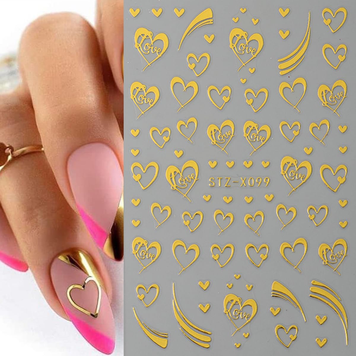 Valentine’s Day Nail Art Stickers Decals Golden Love Heart Nail Decals Nail Art Supplies 4PCS 3D Self-Adhesive Empty Heart Love French Stripe Valentines Nails Design Manicure Sliders for Women Girls