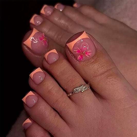 CTTHNBD Press on Toenails - Orange French Tip Fake Toenails with Flower Design - Golssy, Summer False Toe Nails for Women - 24 Pcs