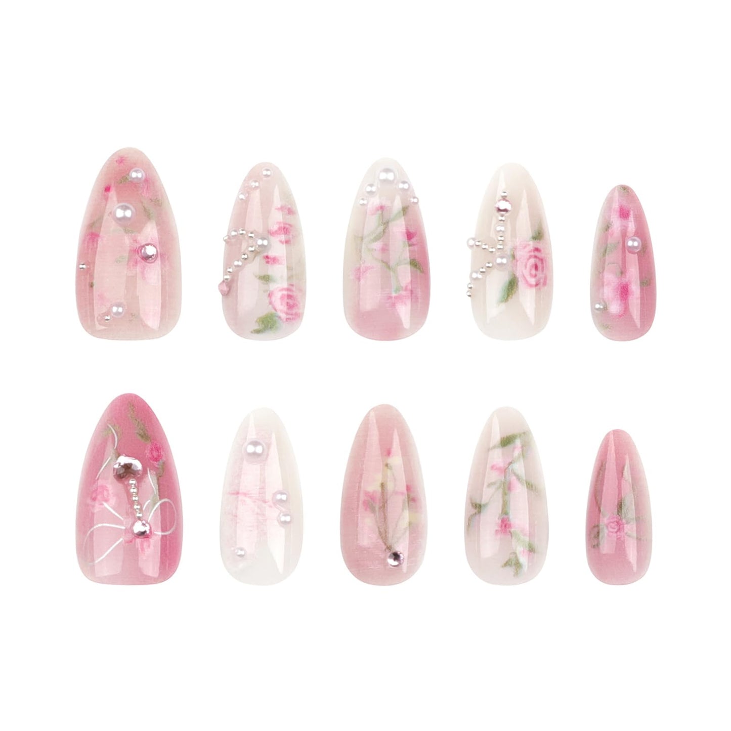 Peach Blossom Press on Nails Short Medium Almond Fake Nails with 3D Pearl Diamond Designs Pink Flower Full Cover Stick on Nails Pink White Gradient Glossy Acrylic False Nails for Women 24Pcs