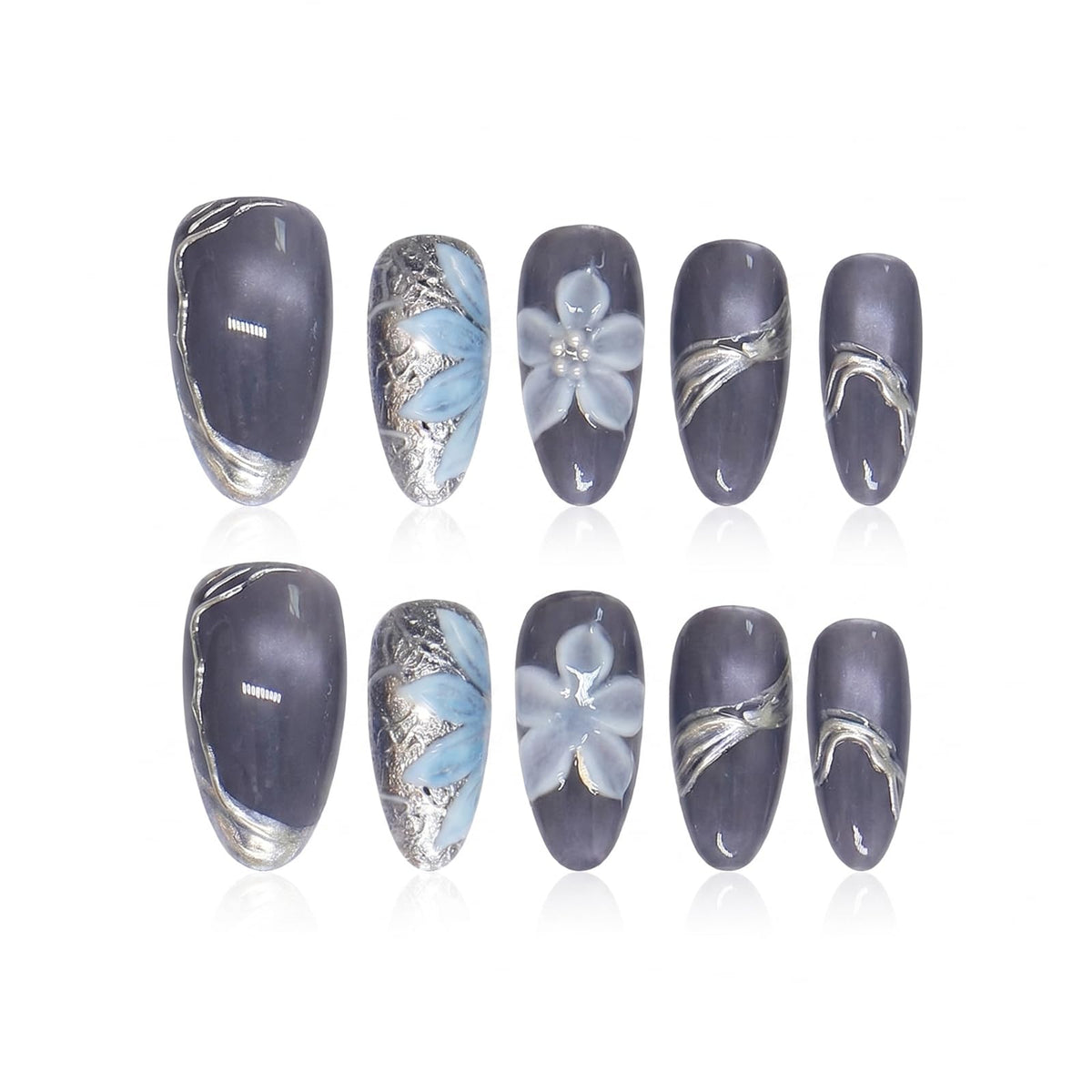 IMRAIN Almond Press on Nails, Medium Fake Nails, Purple Cat Eye 3D Sculpted Flower Pearl, 30 Pcs Reusable Glue on Nails for Women, Salon Quality