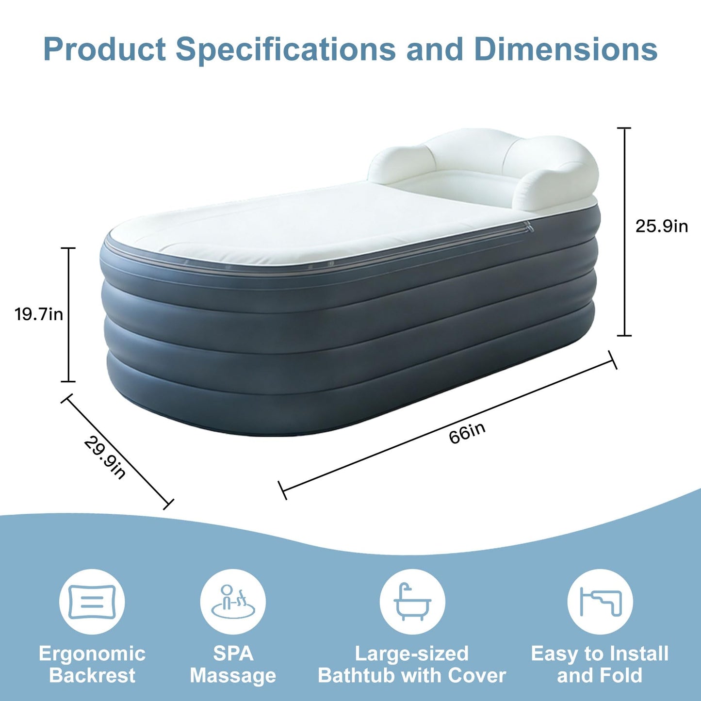 Inflatable Bathtub Bubble Massage Mat, Portable Adult Spa Bathtub, All-in-one Wavemaker and Air Pump, Adjustable Bubble Settings - Includes Remote Control, Inflatable Backrest and Atmosphere Lighting