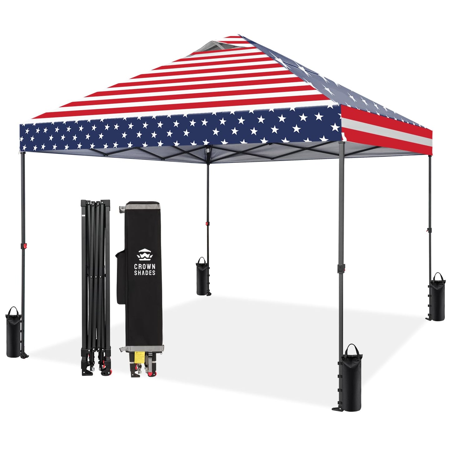 CROWN SHADES 10x10 Pop Up Canopy - Patented Center Lock One Push Instant Outdoor Canopy Beach Tent with STO-N-Go Bag 8 Stakes & 4 Sand Bagsï¼American Flag