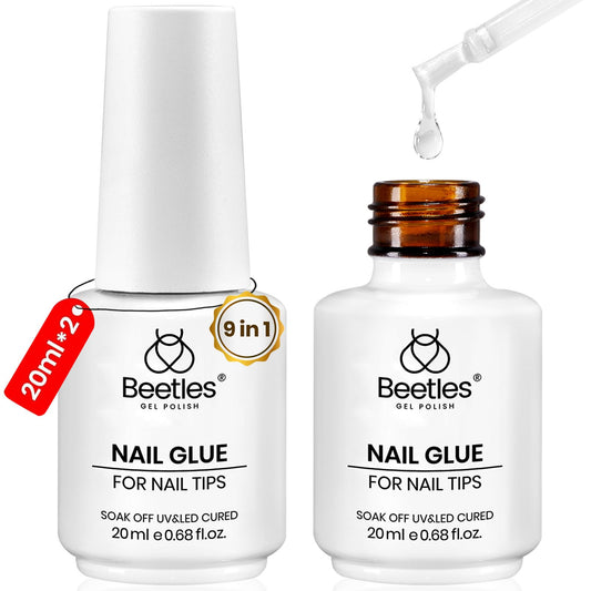 Beetles 9 In 1 Nail Glue Gel, 2Pcs 20ml Large Size Set for Nail Tips & Clear Press-On Nails, Self-Leveling Extension Gel, Designed for Frequent Use, DIY & Salon Ready, UV/LED Cured