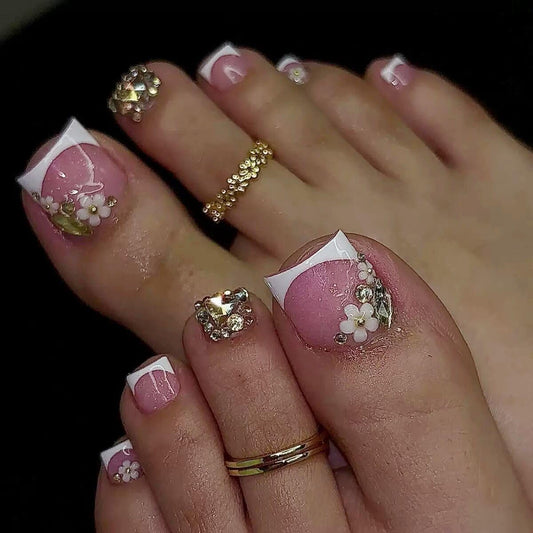 CTTHNBD Press on Toenails - White French Tip Fake Toenails with Flower Charms Design - Short Square Press on Toe Nails - for Women 24 Pcs