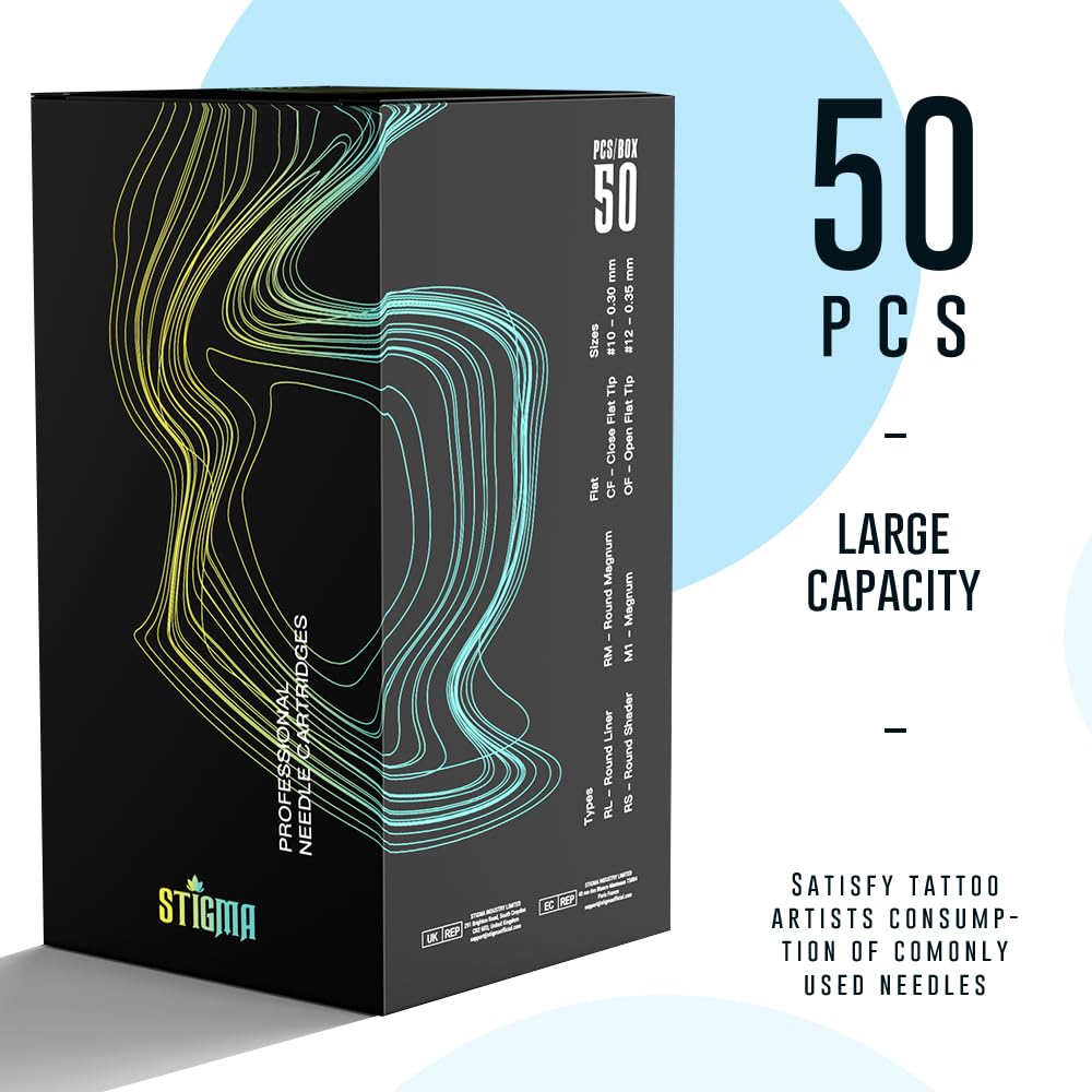 STIGMA Aquamarine Knight Tattoo Cartridge Needles #10(15RM) 50Pcs 0.3mm Bugpin Disposable Tattoo Needles Cartridges with Membrane Curved/Round Magnum EN02B-50-OF1015RM