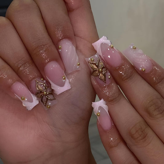 Pink French Tip Fake Nails Medium Square Press on Nails Flower False Nails Pink Nails Press Ons Glossy Full Cover Stick on Nail with Gold Rhinestones Design Acrylic Glue on Nail for Women Set 24Pcs