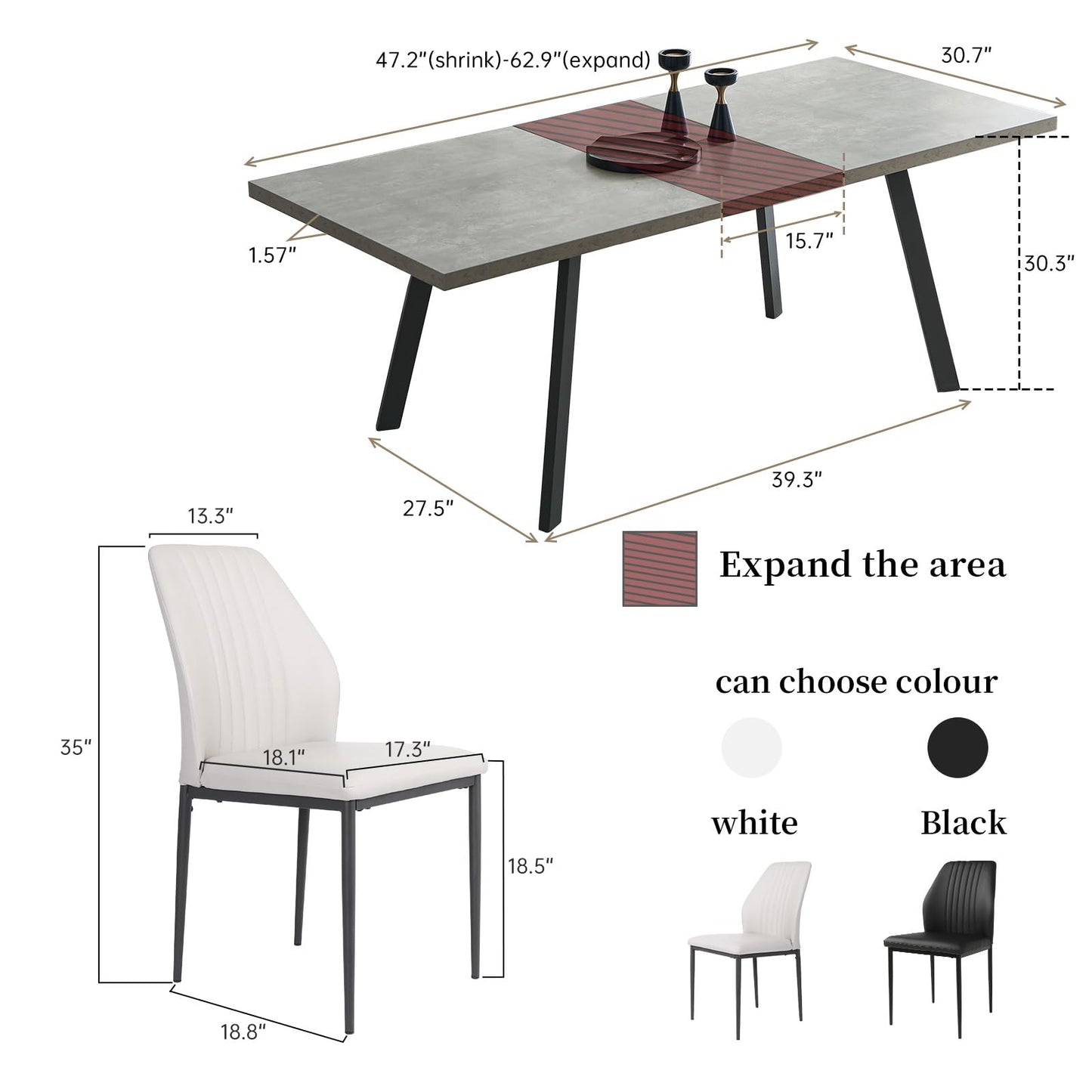 Zerifevni 47.2"- 62.9" Extendable Dining Table Set for 6, Modern Kitchen Table with 6 PU Leather Chairs, Thickened Expandable MDF Wooden Table with Metal Legs for Dining Room, Kitchen, Office