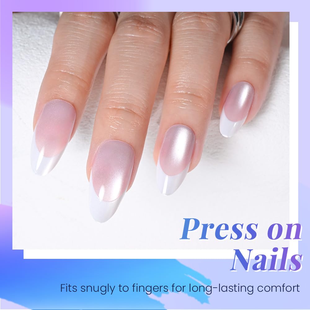 evpct Pale Nude Cat Eye French Tip Press on Nails Almond Medium No Glue, White French Tip Medium Almond Holographic Stick on Nails for Women Gift, Reusable Full Cover Soft Press on Nail Perfectly Fit