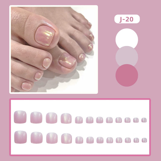 Pink Press on Toenails Short Square Fake Toenails Chrome Acrylic Toe Nails Cute Glossy False Toe Nails with Aurora Powder Designs Summer Full Cover Artificial Toenails for Women Manicure 24Pcs
