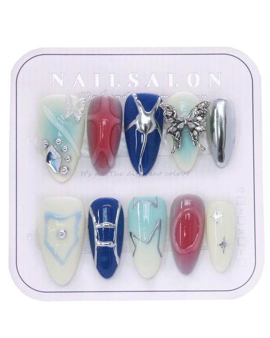 CAMILCY Luxury Handmade Press On Nails Almond Short Blue Silver 3D Butterfly Rhinestone Glossy Fake Nails Reusable Salon Quality Acrylic Nails for Wome 10pcs (A140, S)