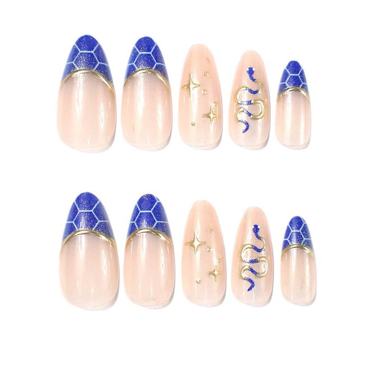 LINMEIZAI 24 Pcs French Tip Press on Nails Short Almond 3D Snake Fake Nails Press ons Nail Tips Glue on Nails Acrylic Nail Kit with Glitter Blue Design False Nails Stickers Nail Art for Women