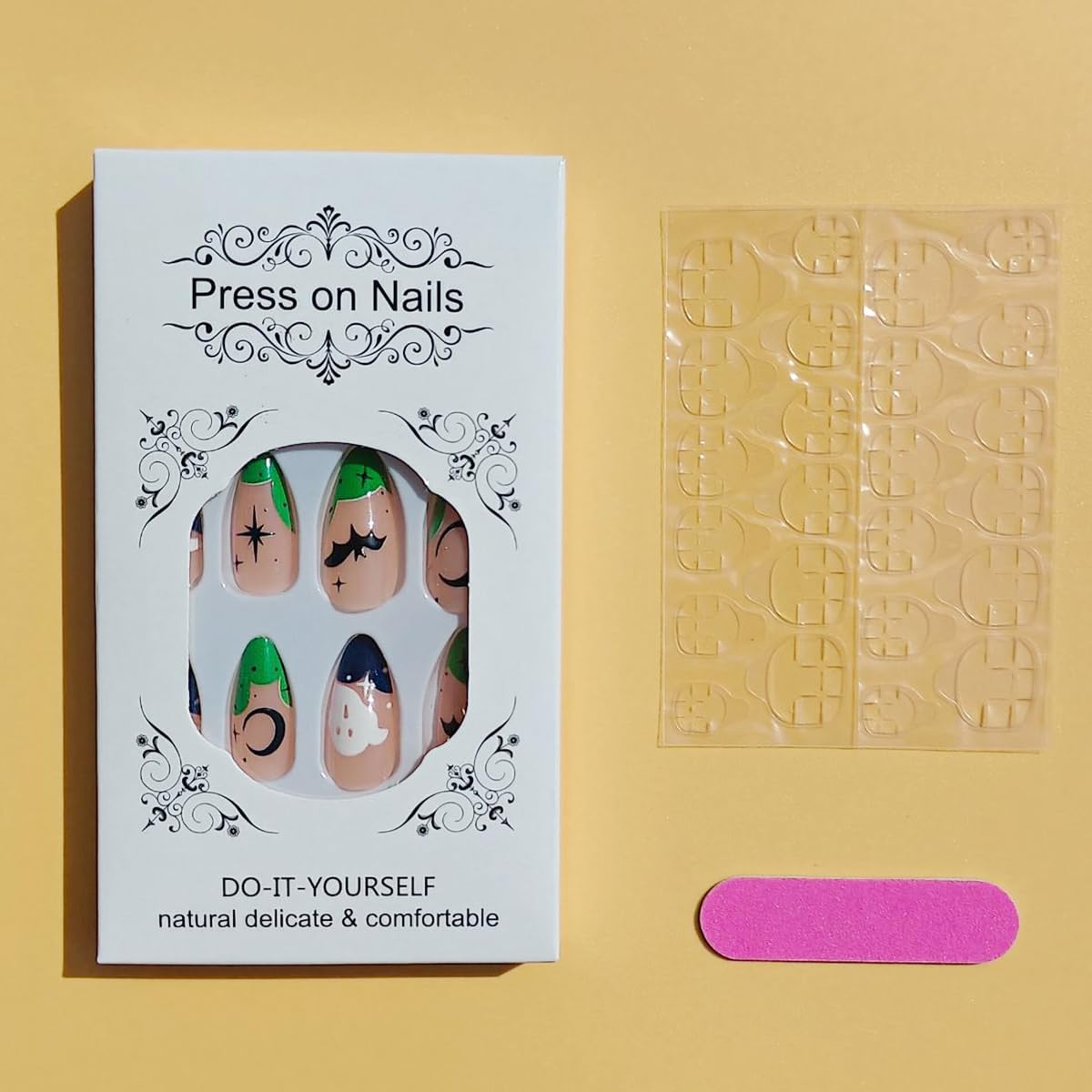 24Pcs Halloween Nails Ghost Bat Press on Nails Medium Almond Green French Tip Fake Nails with Star Designs Halloween Acrylic Nails Artificial Full Cover Glue on Nails Spooky Stick on Nail for Women