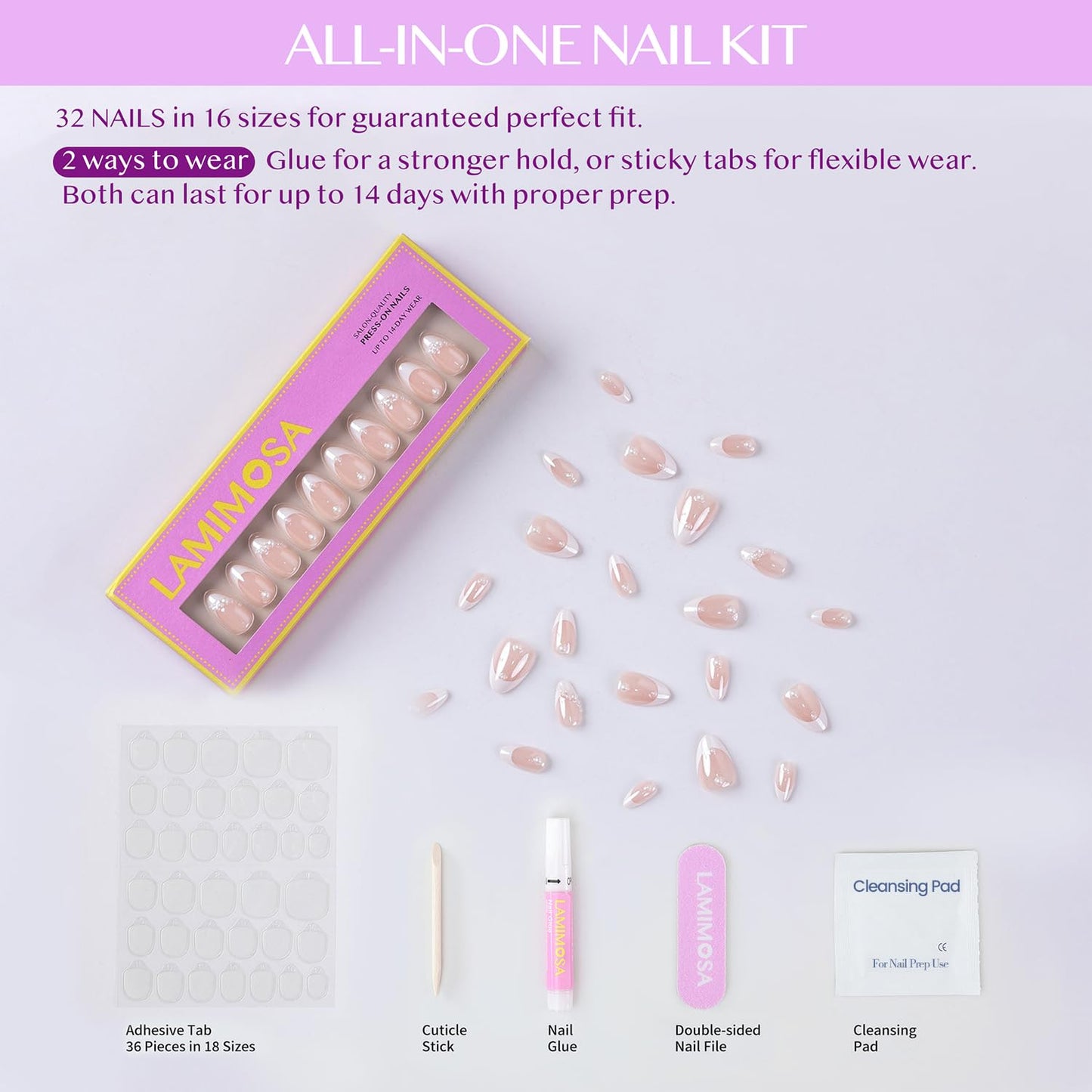 LAMIMOSA 32Pcs French Tip Press on Nails Short Almond - Soft Gel Fake Nails in 16 Sizes with 3D Pearl Accents, Reusable Semi-Transparent Glue on Nails kit in Glazed Finish, PEARLY WISH