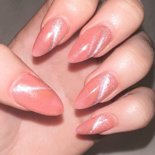 GLAMERMAID Pink Press on Nails Medium Almond, Hamdmade Cat Eyes Jelly Magnet Gel False Nals, Stiletto Shrimmer Glue on Nails Kit for Women, Reusable Short Oval Stick on Acrylic Fake Nails Manicure Set