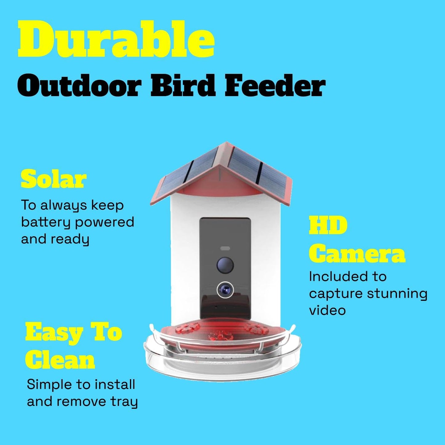 Quick Setup Smart Solar Hummingbird Feeder with Camera 1080P 2MP High-Def and WiFi AI Bird Identification Birdfeeder, Ant Guard Moat, Squirrel Alarm, Removeable Tray, Identifies 10,000+ Birds