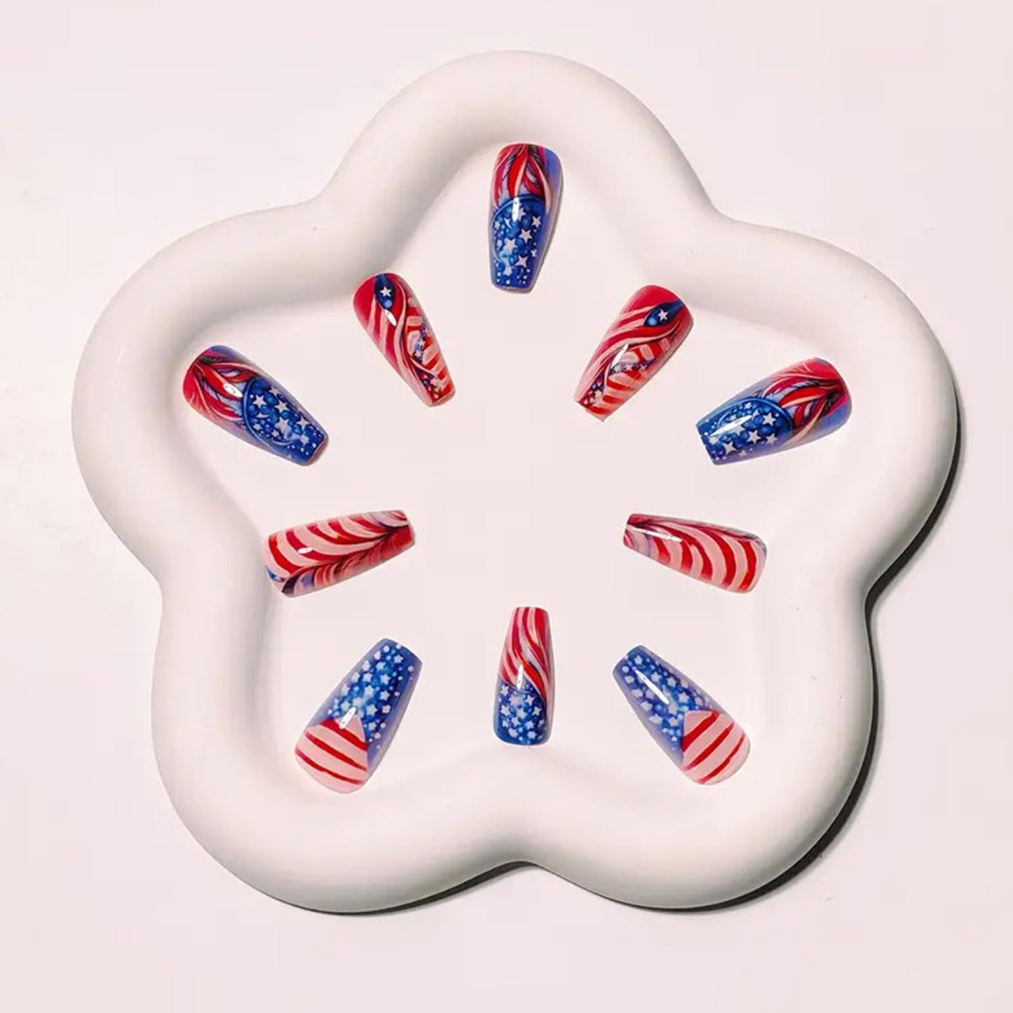 4th of July Press on Nails Medium Ballet Acrylic Nail Retro Feather with White Stars Lines Coffin Nail Independence Day Stick on Nail Reusable Glue on Artificial Fingernails for Women Holiday Manicure