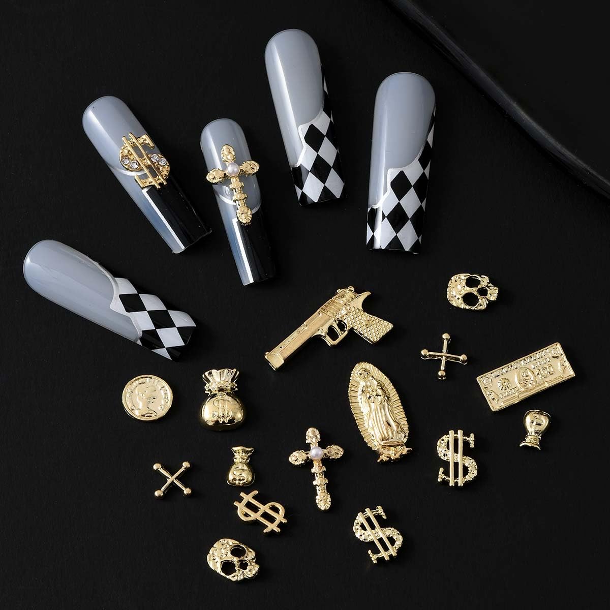 ZUMILLMN 58PCS 3D Nail Charms - Gold Alloy Dollar, Gun, Virgin Mary,Cron & Cross Charms, Shiny Nail Rhinestones for Nail Art, Manicure, DIY Jewelry Making