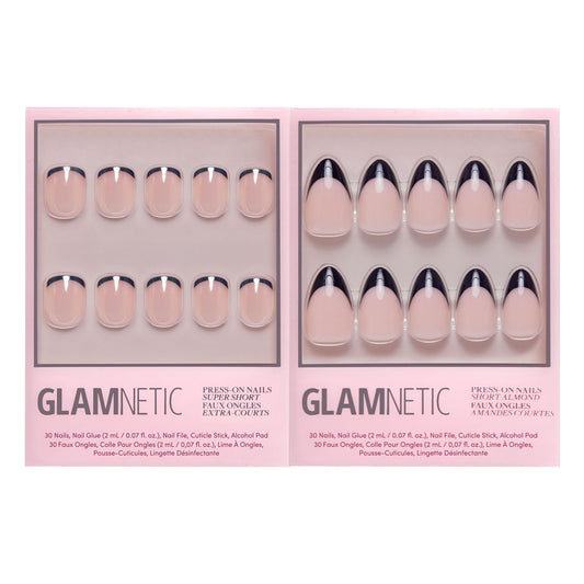 Glamnetic Press-On Nails Bundle - Burnt Miso & Caviar | Super Short Glazed Black French Tips | Short Almond Glossy Black French Tip Fake Nails | Durable, Salon-Quality Nail Kits