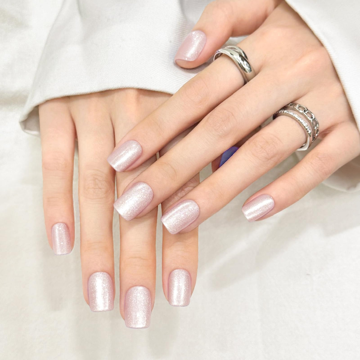 Moon White Cat Eyes Press On Nails,12 Sizes - 24 Pcs Soft Gel White Short Squoval Fake Nails Kit with Nail Glue, Natural Reusable Stick On False Nails for Women and Girls SK1064