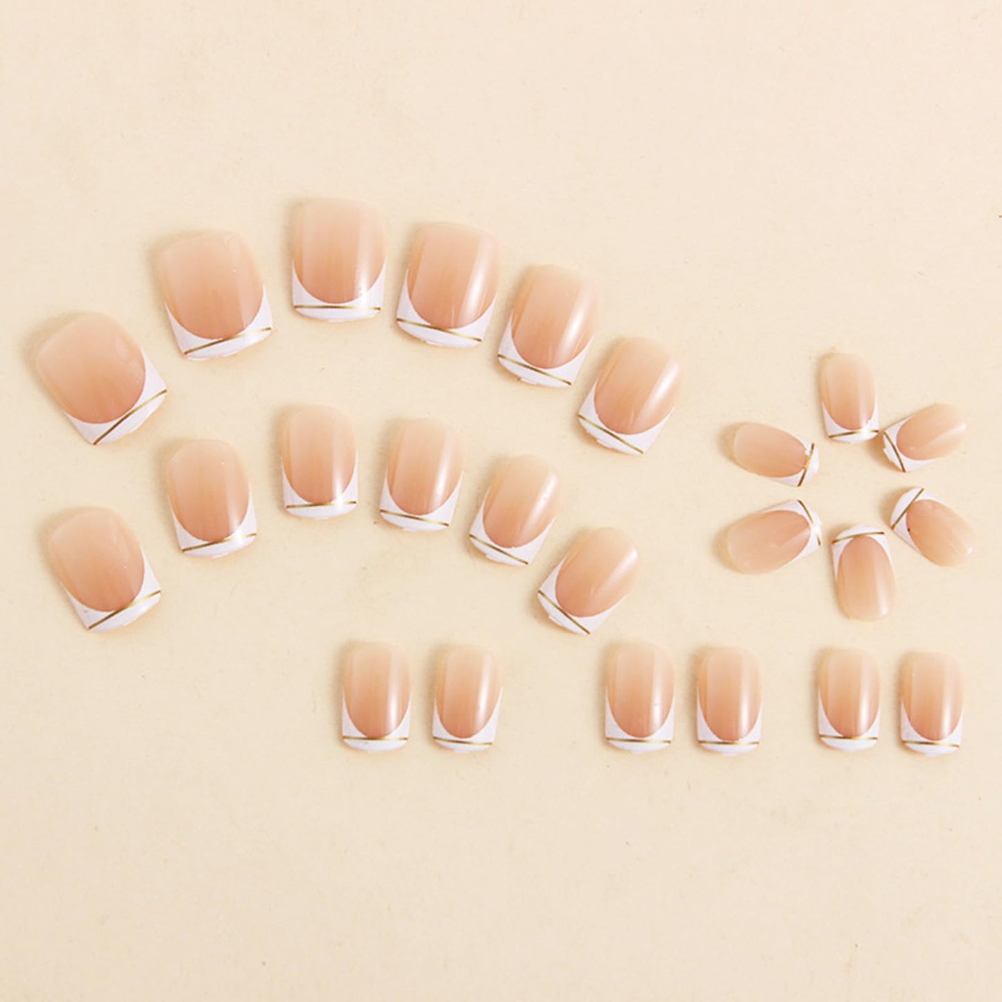 IMSOHOT Press On Nails - White French Tip | Golden Line Designs Short Square Fake Nails, Full Cover, Acrylic, Glossy, Nude False Nails | 12 Sizes - 24 Nail Kit