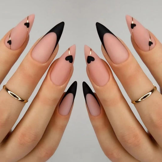 Black French Tip Press On Nails - Almond Medium Fake Nails with Gold Line Design - Heart Full Cover Stick On Nails for Women - 24 Pcs