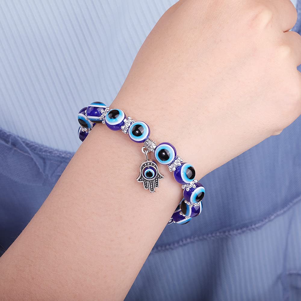 CJIAYUJEW 3pcs Evil Eye Bracelet Chakra Crystal Bracelets Set,Evil Eye Hamsa Blue Beaded Charm Stretch Bracelet for Blessing (White, Zinc Alloy)