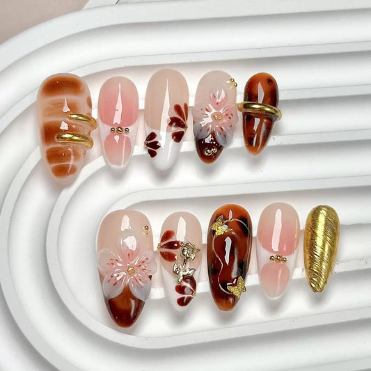 Medium Press on Nails Almond - Handmade Fake Nails with 3D Flower Design - Gold, Brown False Nails Press ons - for Women (Size L)