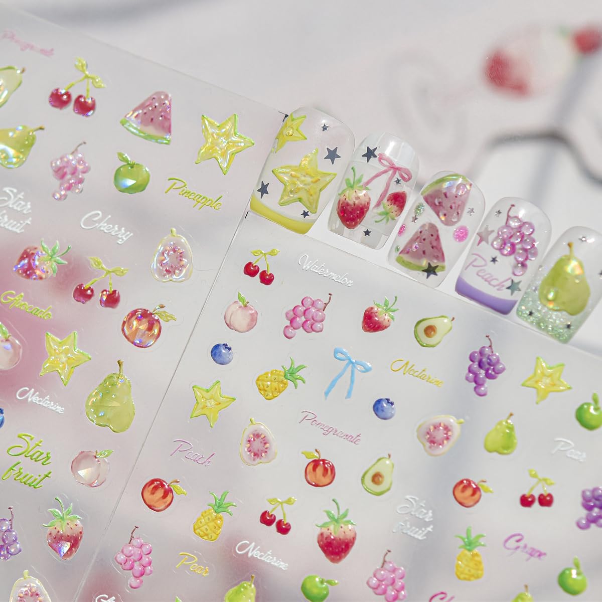 5D Embossed Nail Stickers Fruit Nail Decals with Design Summer Theme Nail Art Stickers Cute Self-Adhesive Nail Stickers for Nail Art for Women Girls DIY Manicure, 1 Sheet