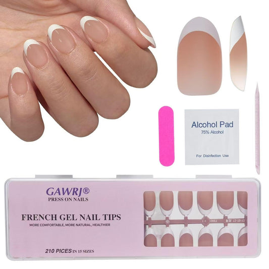 GAWRJ 210Pcs French False Nails Oval Shape - 15 Sizes with Nail Tools Kit, Manicure Salon Supplies for DIY Nail Art, Natural Brown Full Cover Tips, Requires Base/Top Coat