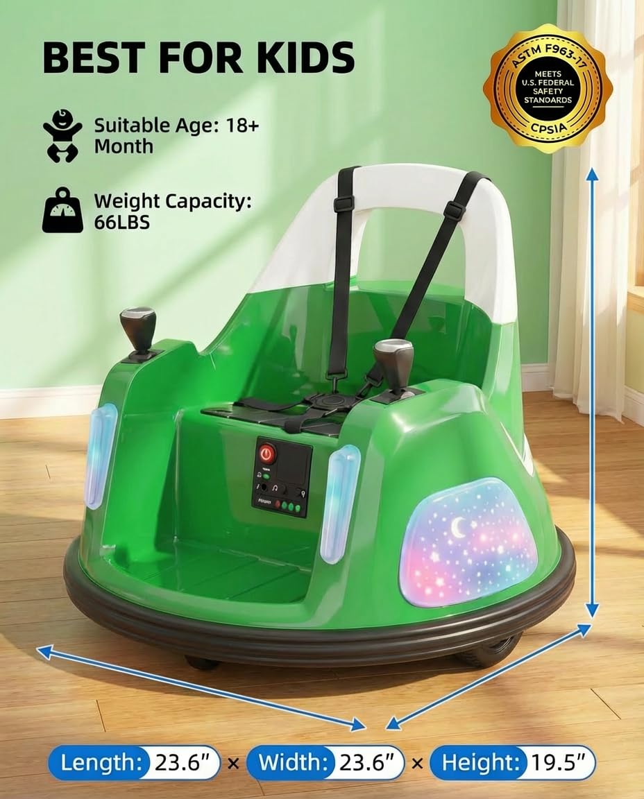 12V Bumper Car, Electric Ride on Toys for Toddlers & Kids 1-3 with Remote Control, 3-Speed, 360° Spin, Music, 5 Lighting Mode, DIY Stickers, Baby Toys Gift