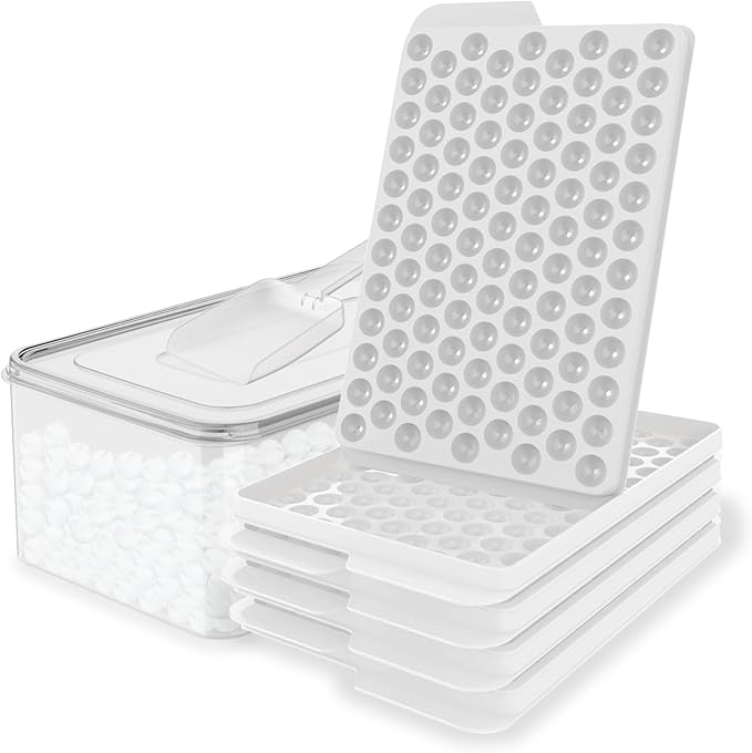 WIBIMEN Mini Ice Cube Trays, 0.55Ã¢ÂÂ Tiny Pebble Ice for Iced Coffee & Cocktails, Fast Chill, Easy Twist Release, Stackable with Lid & Storage Bin (4 Pack, White)
