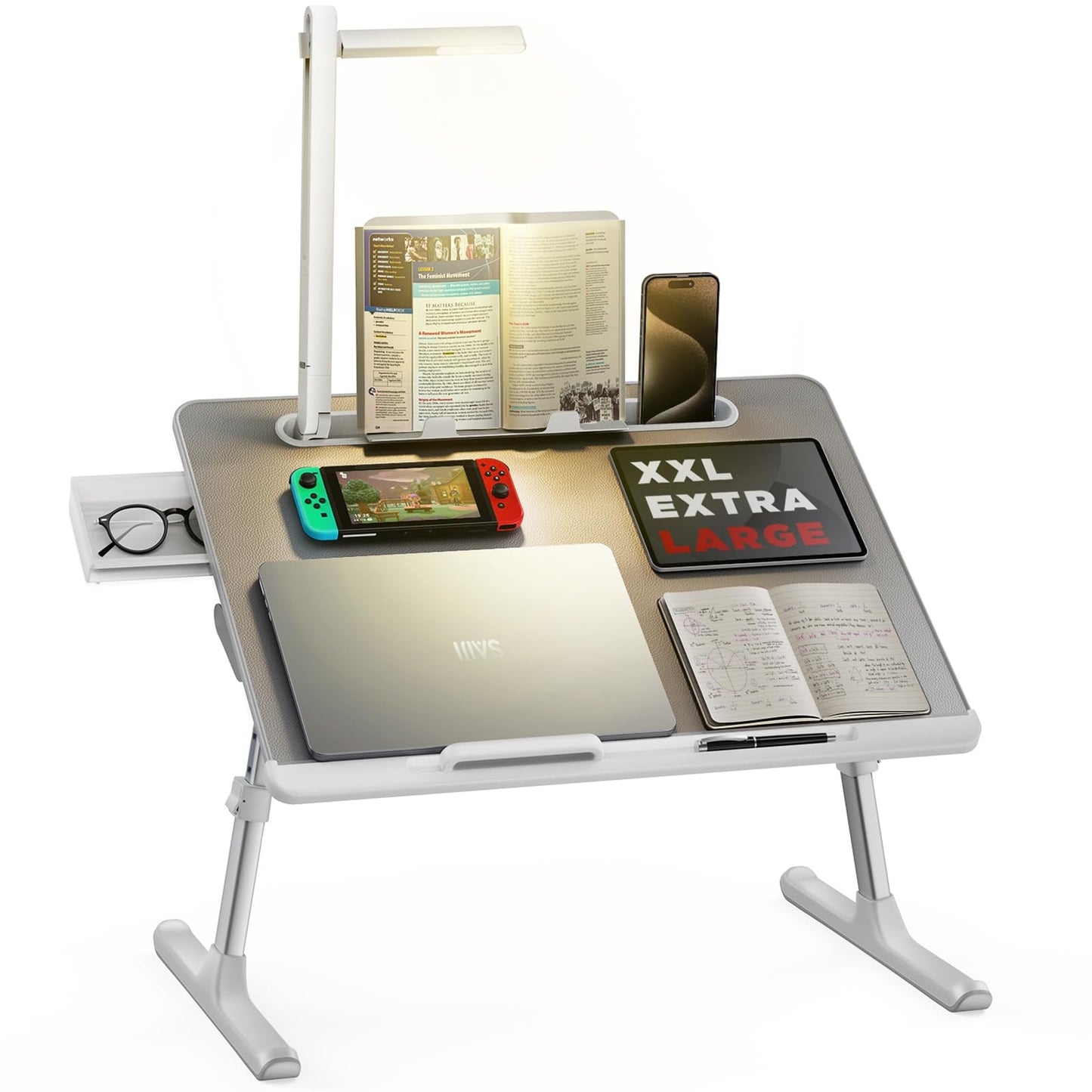 SAIJI Laptop Bed Tray Desk with LED Desk Light, Adjustable Laptop Stand for Bed, XX-Large PVC Leather Foldable Table with Book Stand, Wrist Rest, Extra Leg Room (Grey)