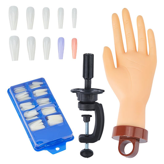 SUPERFINDINGS Practice Hand for Acrylic Nails Rubber Flexible Fingers Training Hands False Mannequin Hand with 100Pcs Trapezoid Plastic Nail Tips for Beginners Manicure Training